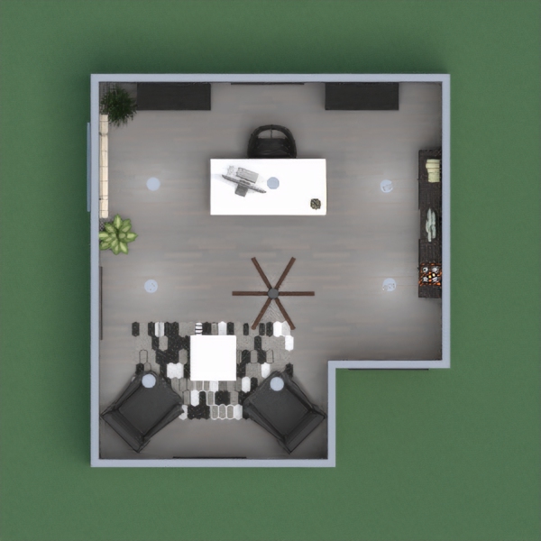Oficina elegante, moderna y con un muy buen flujo, en una gama de colores negro, gris y blando y muchos tonos verdes que le dan vida.