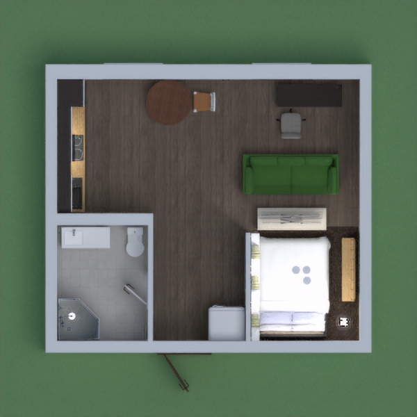 This is my modern day apartment/flat. It has a small white themed bathroom, a small bedroom, a couch, a kitchen, a dining table, and a desk. It is for one person, suitable for when they move out of college.