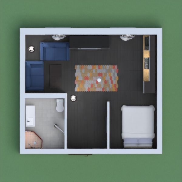 This cozy apartment has a kitchen bar, a king-sized bed and a small living room.
It also has a small bathroom with a shower, basin and a amazing toilet.