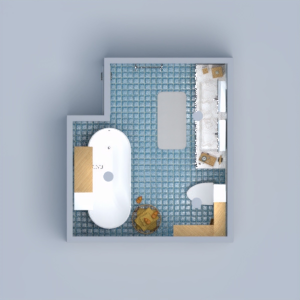 Modern Blue Bathroom with 3 types of tile.