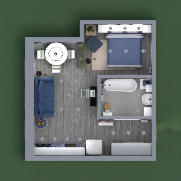 It is a small industrial apartment with a marine theme. It was quite difficult to figure out how to arrange the different functions, but I hope you like it.