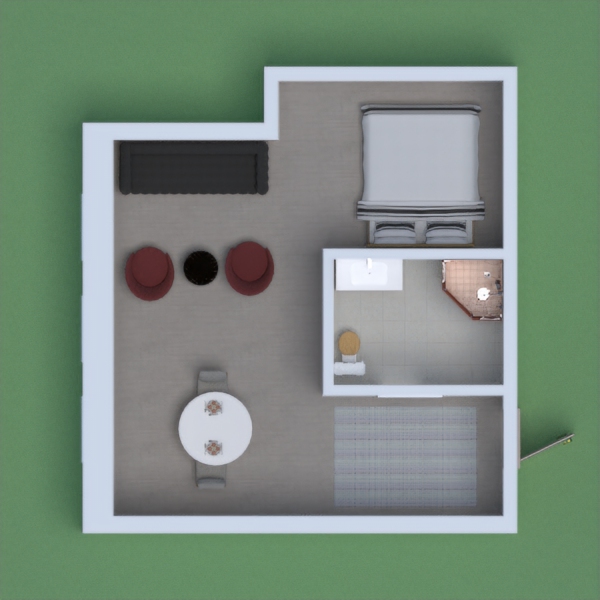 A small floor plan for a collage dorm room. It has a queen sized bed, a large sofa, and two armchairs. There is a full bath with a shower, but not a shower/bath. This is inexpensively priced, and it's my first ever project.