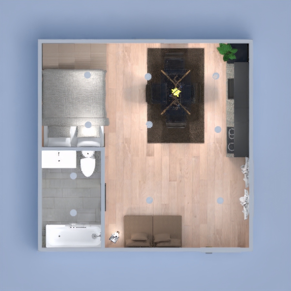 I created a studio with gallery, kitchen, living room, bathroom with bathtub, study and plenty of space to put things.