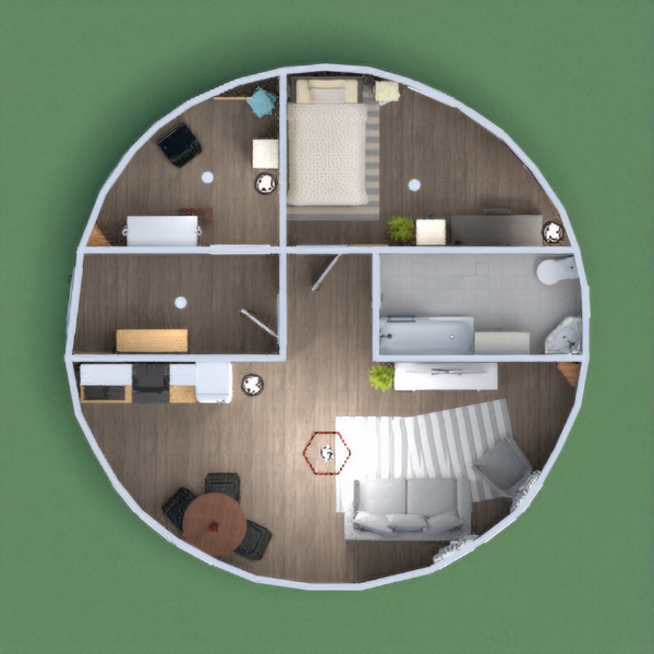 a nice round house with a storage room, bedroom, and bath.
