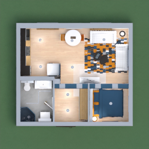 A small but well organized apartment, in blue and white with yellow accent.