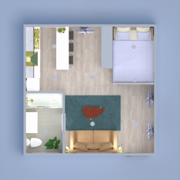 This is a studio by the beach with a relaxing atmosphere throughout. It has a bathroom with blues and a plant and the kitchen is modern black and white with gold accents. The bedroom has photos of cities like London and the new York skyline as that’s where they want to go. This studio is ideal for a couple. Hope you like it and I’d love some feedback on it. Have a good day/ night!