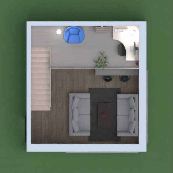 It is a cozy and simple space and it has a living room, a kitchen, a small kind of dining room and upstairs there is a working space with an armchair just in case you want to read! :)