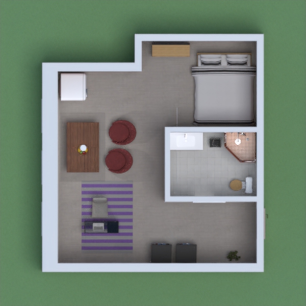 Small kitchen, office with long rug and light gray chair. Washing and drying machine, plant by front door, and a bathroom with shower. The bathroom has a tall toilet, and big sink. The bedroom has a white bed with 1 stripe on each pillow. The blanket also has one stripe.