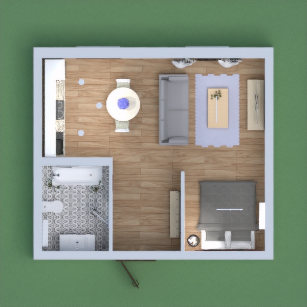 Small modern apartment with bathroom, kitchenette, living room, and bedroom