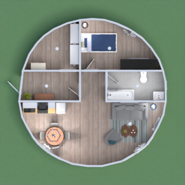 This is a round house for a university student, or young adult living by themselves. The colour pallete is gray, with some blue. It's the perfect house to live in by yourself.