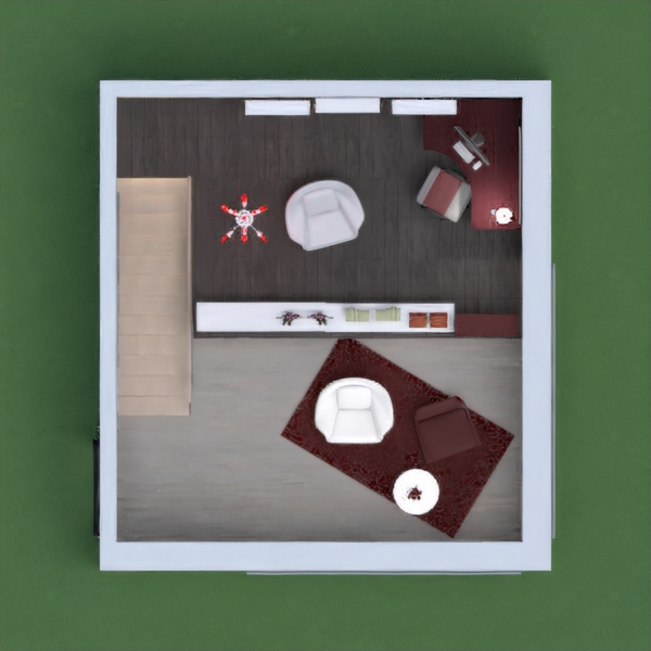 A Red, white, and blackish grey combo color style with a living room a work space in the loft and a kitchen.