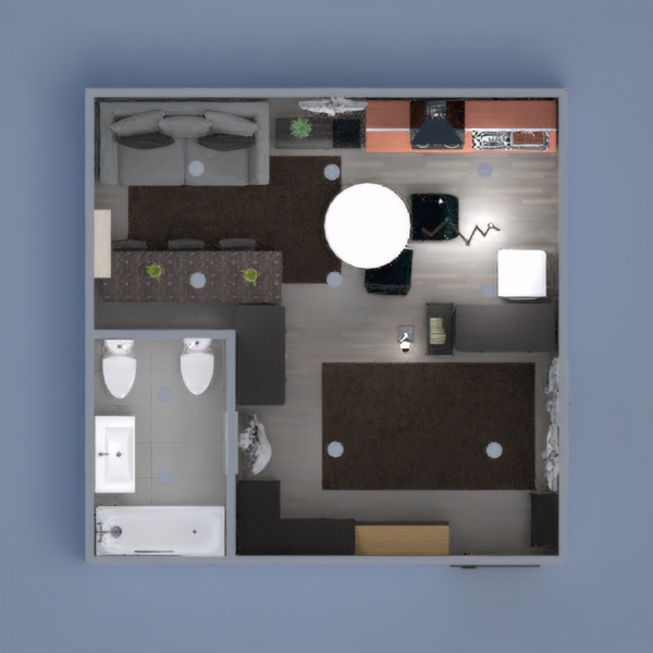 This project contains a little bathroom, with a middle-sized living room. Both rooms are furnitured.