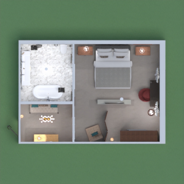 A comfy hotel room with an entryway, bedroom and living space, plus a luxurious bathroom. Hope you'll like it !!!
