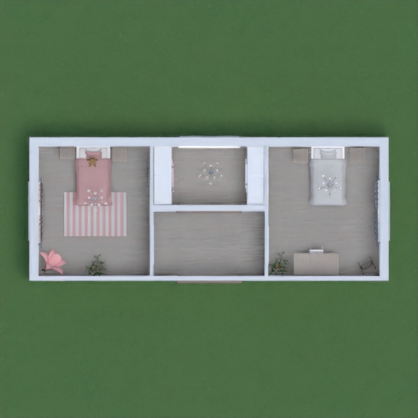 one of the two bedrooms is pink because it is for a younger girl and the other bedroom is for the older girl that likes more neutral colors for her room. The small middle room between the two bedrooms is a closet for both of them. hope you like!!