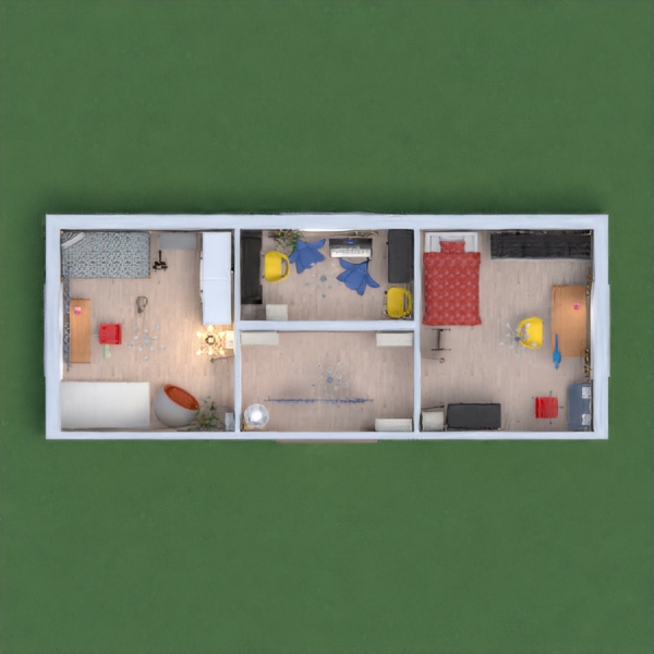 This project contains a house which has got 4 (four) rooms, two little, and two bigger rooms. This is furnitured.