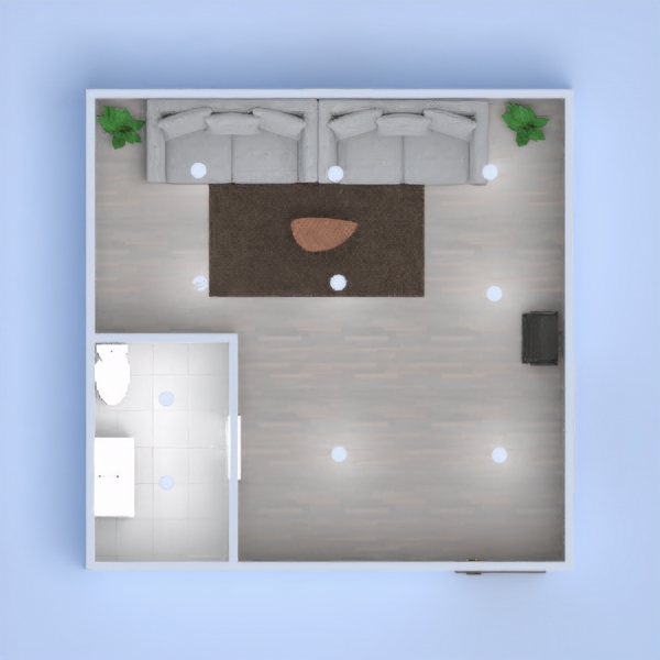 a living room with a bathroom