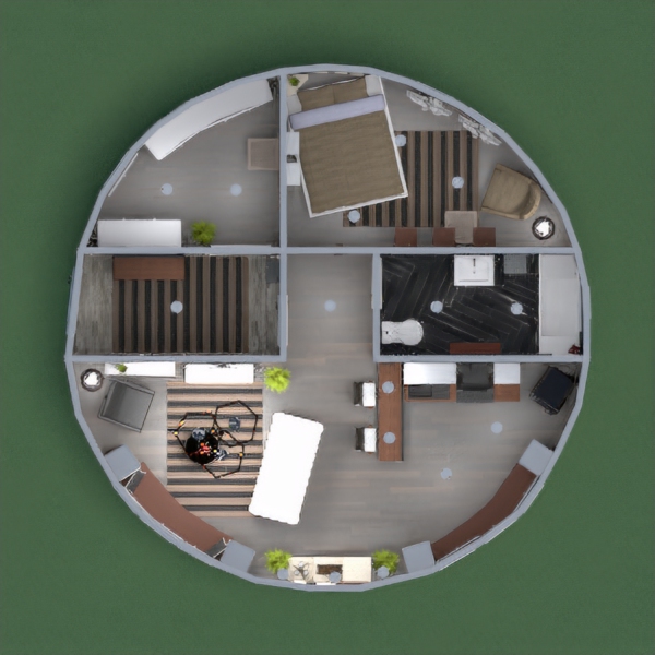 First of all, I would like to thank those who have commented on and voted on my projects so far. The main colors of my round house are brown, black and white. I put a custom designed bathtub in the bathroom. The pattern of the floor is a recurring element in the house in many places.