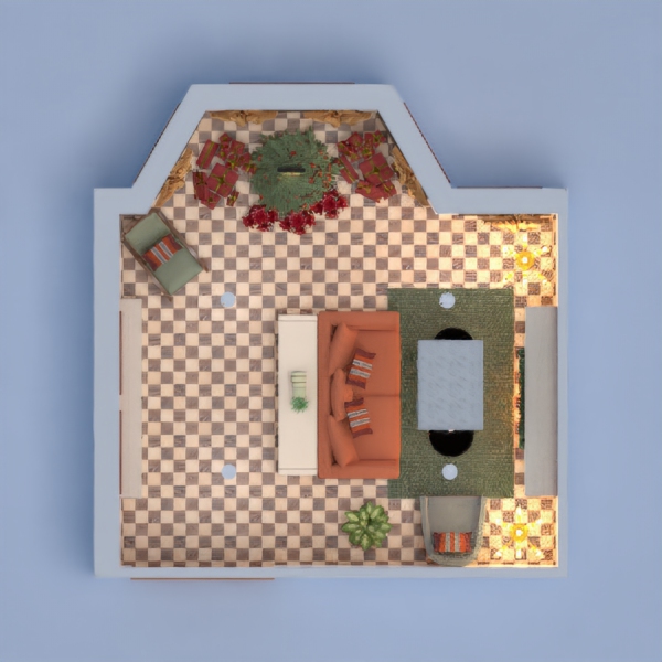 Created a Christmas themed living room using low saturation colour palette and checkered floor. The most difficult part is when matching the colour of each item. 
No ceiling light, no problem. No tall tv stands, no problem. No gift from Santa this year T.T, no problem.