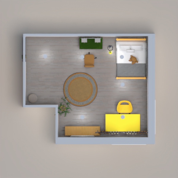 gray and yellow interior , bedroom