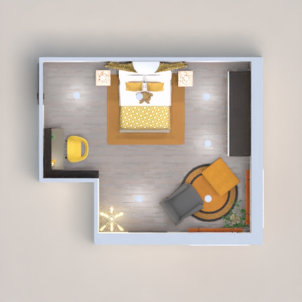 A cozy room with different accents of yellow and gray.