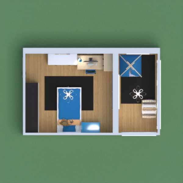 Blue, tan, black, and white colored bedroom with lots of storage and another room for play. It would be a very nice kid's bedroom with space for doing homework or art. There is also an easel in the play room to look outside and paint.
