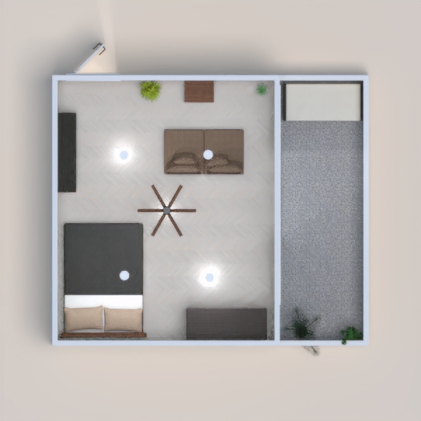 1 bed, some plants, bookcase, closet and couch inside and outside