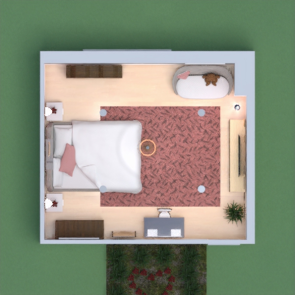 Hello frenchies! I hope you're all doing well! Today, I created a simple and calming bedroom. I wanted to use the colour pink because I think it's really relaxing and romantic for Valentine's day. They layout is flowing, and simple so you can walk around without bumping into anything. In the front, I put a little romantic garden with roses in the shape of a heart. Around the space, I used heart shaped things such as pillows, shelves, and decor. I hope you like it! Thank you and Happy Valentine's day! Au revoir!