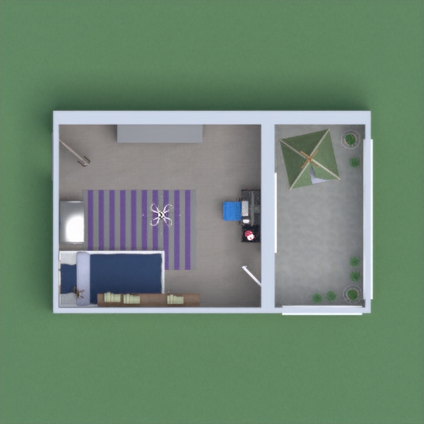 This bedroom with balcony is for a fun loving and bold little girl.  She will have plenty of room to move around and good storage for all of her toys and clothes.  On the balcony she can get away and use her imagination in an outdoor themed play area.  She enjoys coding on her computer and even has an accent wall to prove it.