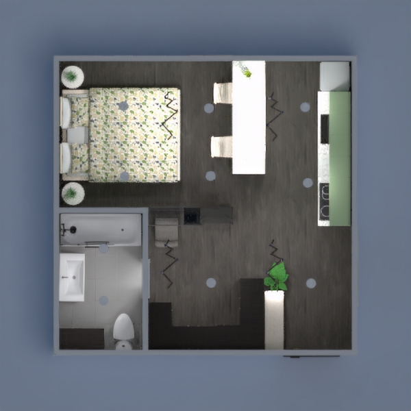 Small studio apartment with bright green elements