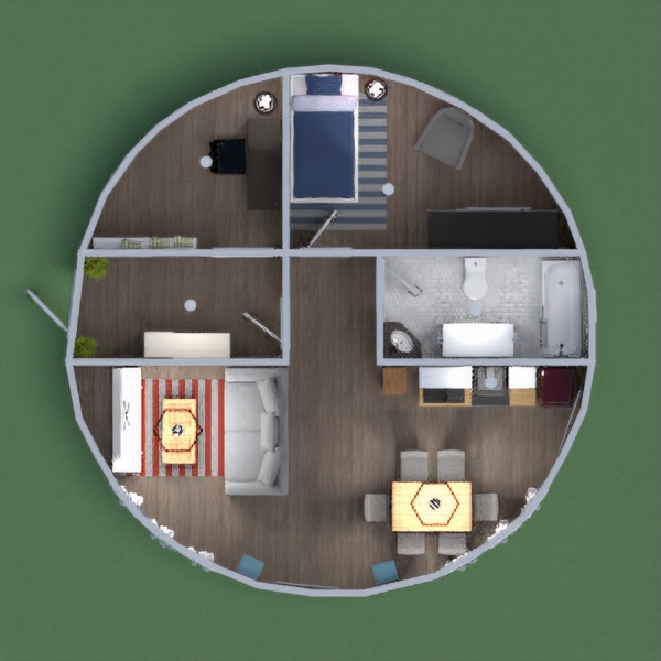 casa circular con cocina/salón, habitación de estudio, dormitorio y baño 
aupa atleti