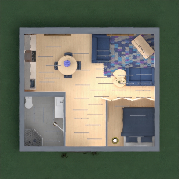 This is a college dorm style apartment. It is a blue/modern theme
