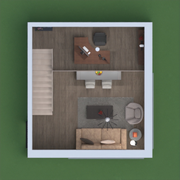 I designed a simple loft and played with modern and industrial touches. I picked a black-grey-brown palette. I placed a shelf under the stairs to maximize the space. I did not cloud the space with many furniture and decor to retain its openness and pleasant vibe. Zoom in for details.