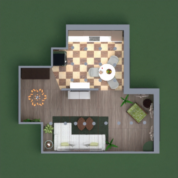 Warm light-green pastel shades design. The living area has lots of plants. Cozy nook to read a book or listen to music as you watch outside. The kitchen has a quirky floor and a small dining area. Overall there is storage space but spacious as well
