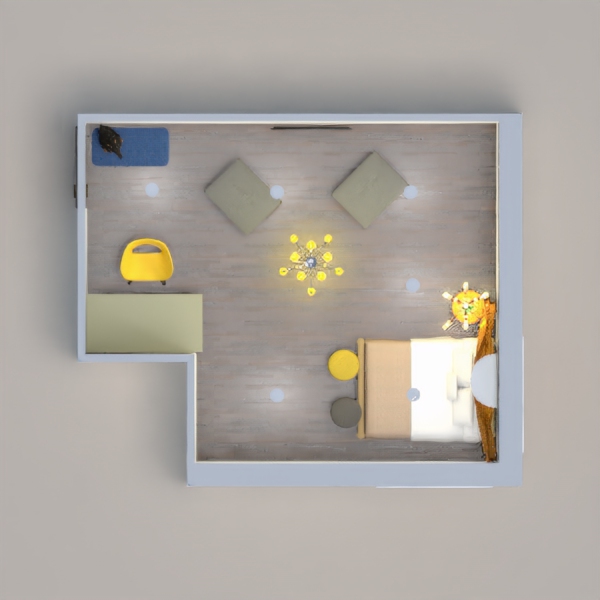 my project has : 4 ottoman 2 for setting and 2 for the bed, it has a bed a yellow certain above it, and a office chair and a desk, the office chair is yellow and the desk is gray, a yelow light, and a plant, a carpet above the carpet is a pet dog .