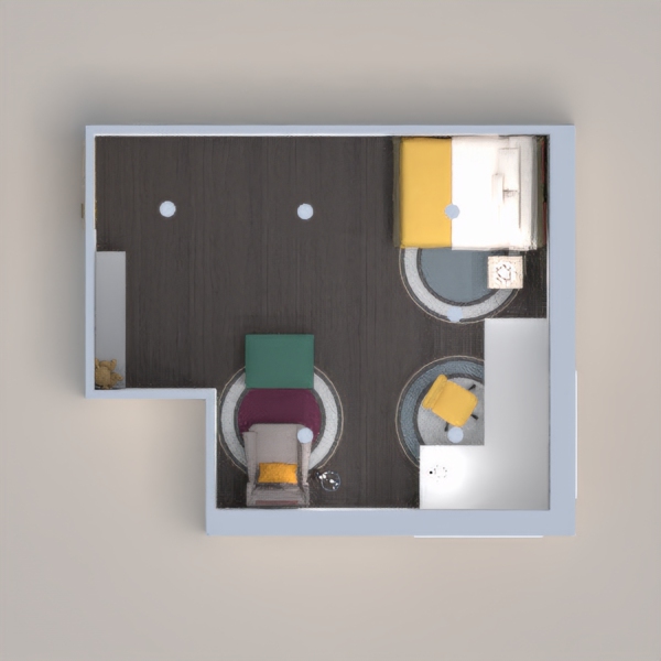 Here is a room for a child that features the colors gray and yellow. It has a large desk, a big bed, a reading area, and a place to put toys.