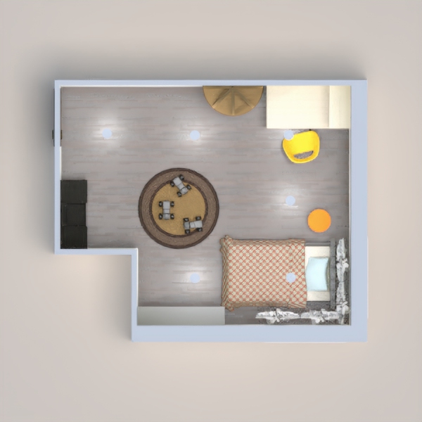 A cozy bedroom with places for studying and storage along with room to play. Meant to be functional as well as attractive.