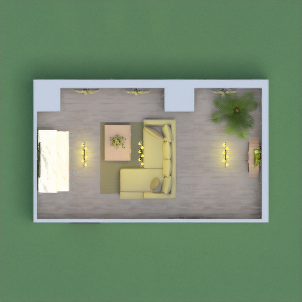 It is a basic-ish lounge room, It has a lot of grey but with some green plants.