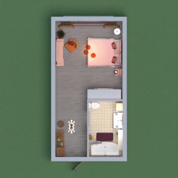 Badroom with bathroom in orange/gold/white/yellow collors