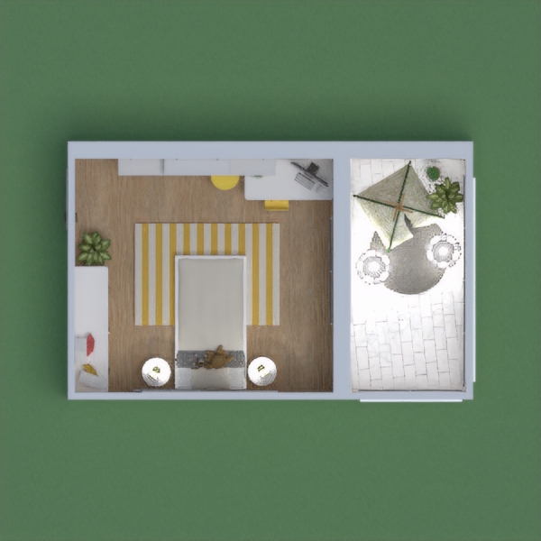 A yellow creamy bedroom with a balcony as a playroom.