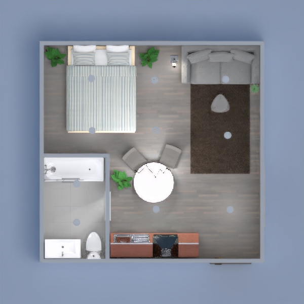 A tiny apartment for one person. It includes a living room, kitchen with a two-seat table, double bed, and bathroom.