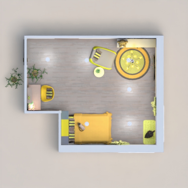 A child's bedroom (best suited for 8-13 year old). A small office/study space for school work, a chair and storage unit complete with a TV offer relaxation, and a bed for a child along one for the pets too. Designed for yellow and grays, this room is fit for this competition.