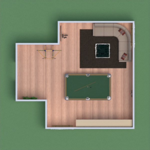 This is my family game room! It has a couch with a rug with video games. There is an 8 ball table in the middle, a dart board on a wall, and a thing that you can climb, swing, and hang on. It also has a storage cabinet. Hope you like it!