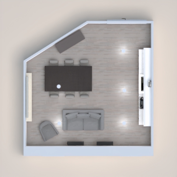 This is a modern take on a living room dining room and kitchen. As you can see there is a lot of wood and whitish gray tones in this space.  

Please help me win this is my first project on this app!

Thank You, and have a great day!