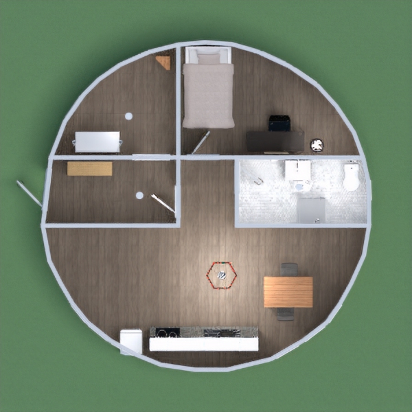 This is my round house. The color theme is mostly white and wood. This house should be super comfy.