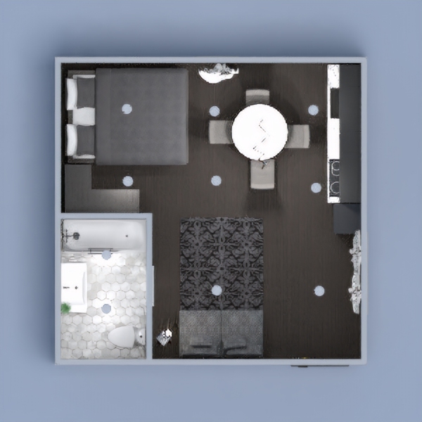 Projeto integrado de sala de recepção/estar, de jantar, cozinha e dormitório em tons contemporâneos de cinza, e com banheiro moderno em pedras naturais claras.