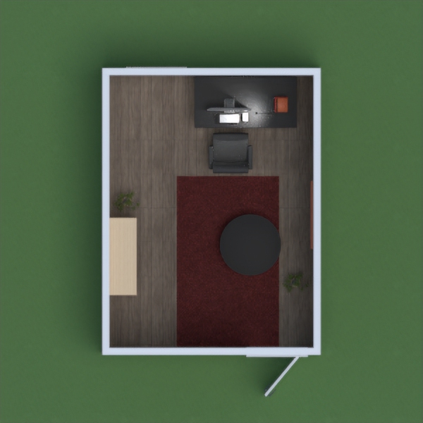 When you enter the office, there is a soft burgundy carpet to welcome you. Looking to the left, you see a wooden shelf with a plant nearby. Looking to the right, you can see a plan and a painting. Finally, when looking in front of the door, there is a black desk, a computer, a light bulb and a pile of books.