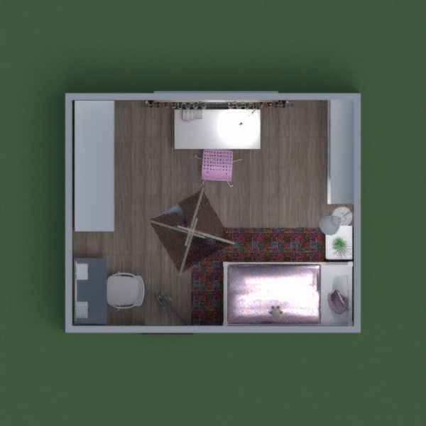 My room design for the girl is made in the style of white and pink. The room has a single bed, a nightstand, a dressing table, a wardrobe with a mirror, a desk, chairs and a shelf for things. Minor items - wigwam, toy, two lamps, curains, carpet and flower.
