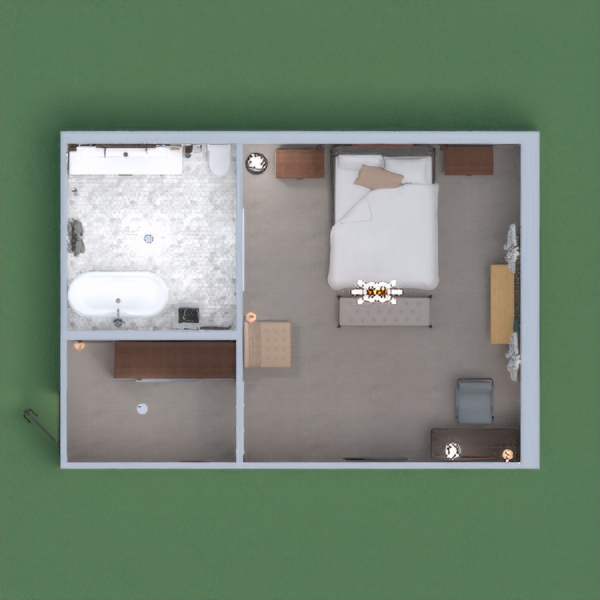 hotel room with bedroom and bathroom in brown lees.