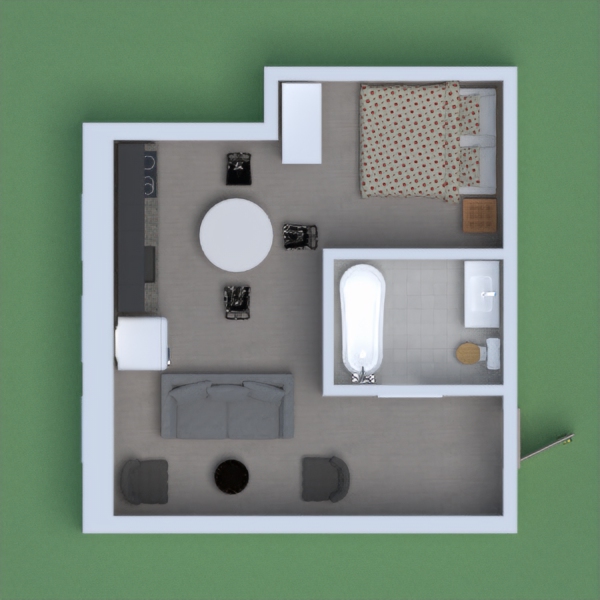 an apartment with one bedroom and one bathroom