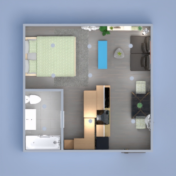 This is an open plan design for a studio apartment. It has an open kitchen with a dining area, and a living space separated from the bed using a TV console.